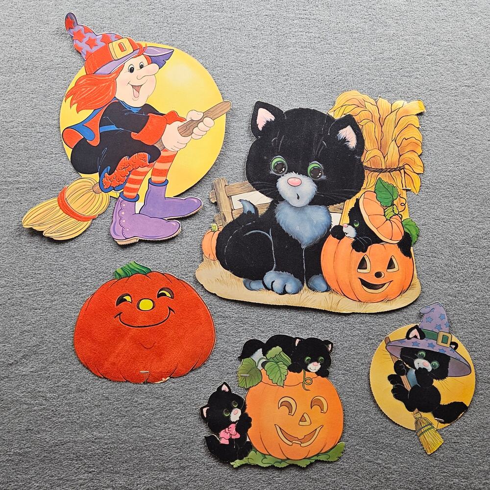 5 pc VTG Flocked Halloween Paper Decor Pumpkin Black Cat Witch Jack-o-loantern